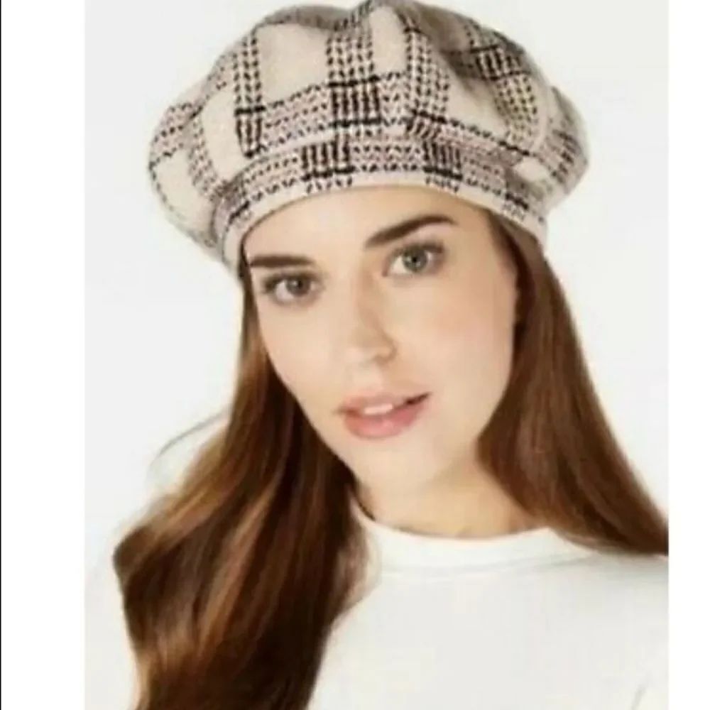NWT INC Plaid Beret Hat - Cream and Black O/S